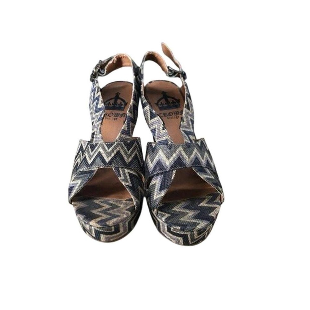 Crown Vintage Boho Woven Chevron Platform Wedge Sandals Brown Cream Womens 8.5